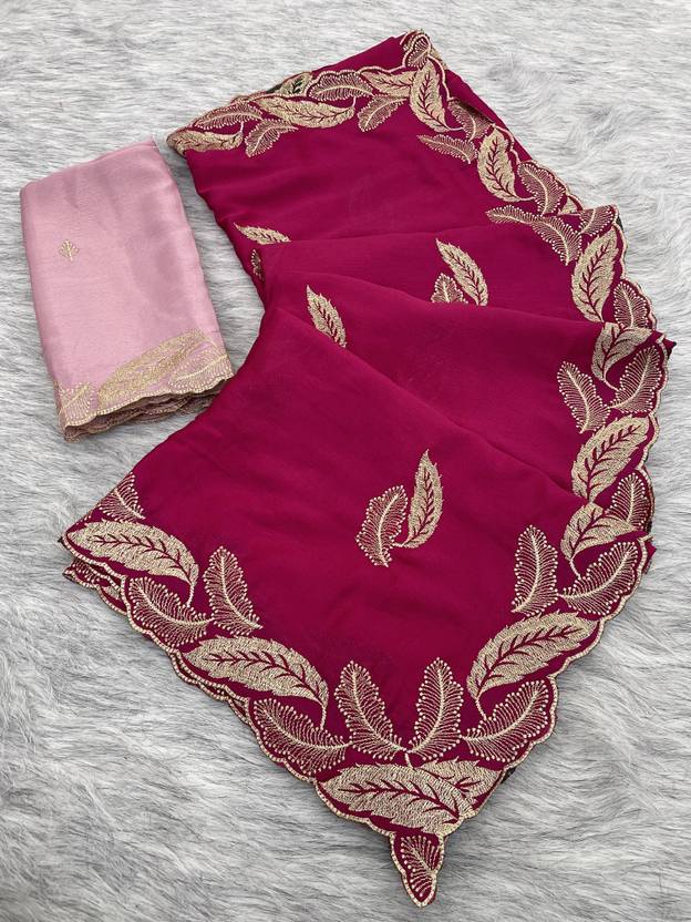 Embroidered Bollywood Chiffon Saree (Pink)