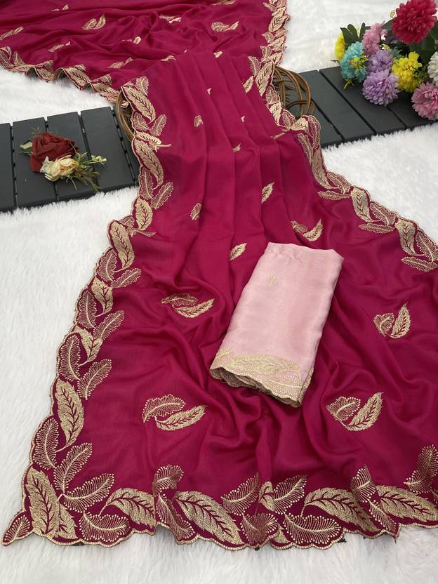 Embroidered Bollywood Chiffon Saree (Pink)
